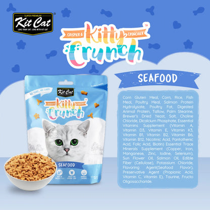 Kit Cat Kitty Crunch Seafood crunchy cat treats 60g with ingredient information and packaging.