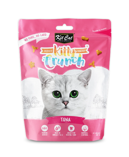 Kit Cat Kitty Crunch Tuna crunchy cat treats 60g featuring taurine, omega 3 & 6, dental care and hairball control.