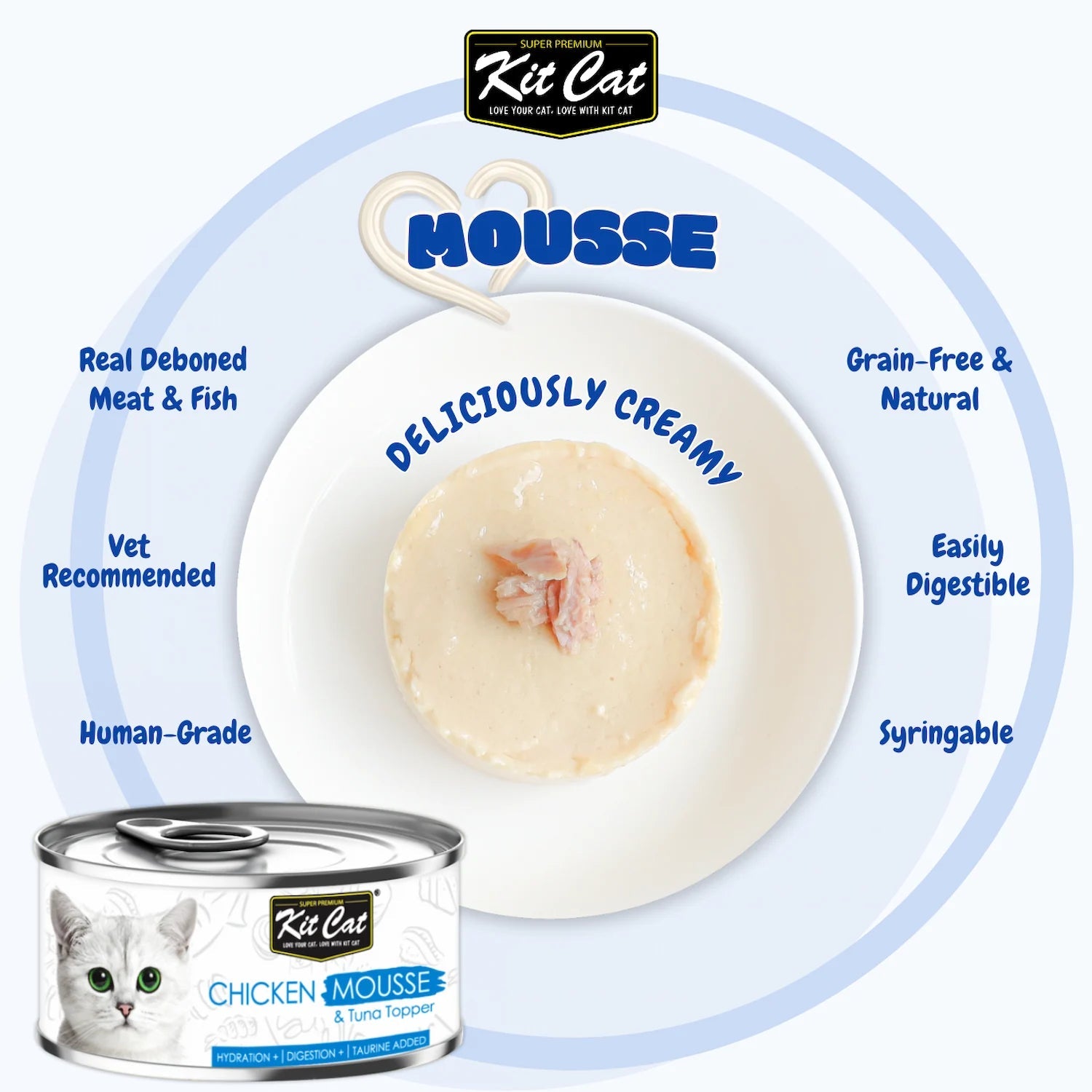 Kit Cat Tuna Mousse with Chicken Topper highlighting grain-free nutrition, hydration support and taurine.