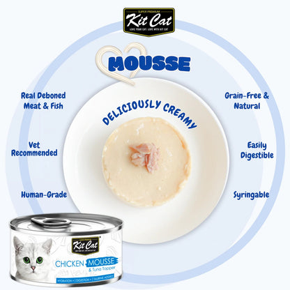 Kit Cat Tuna Mousse with Chicken Topper highlighting grain-free nutrition, hydration support and taurine.