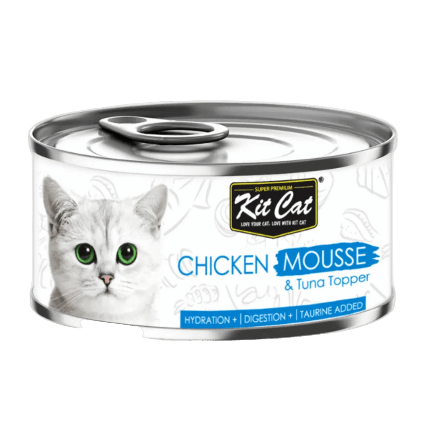 Kit Cat Chicken Mousse with Tuna Topper grain-free wet cat food in an 80g can.