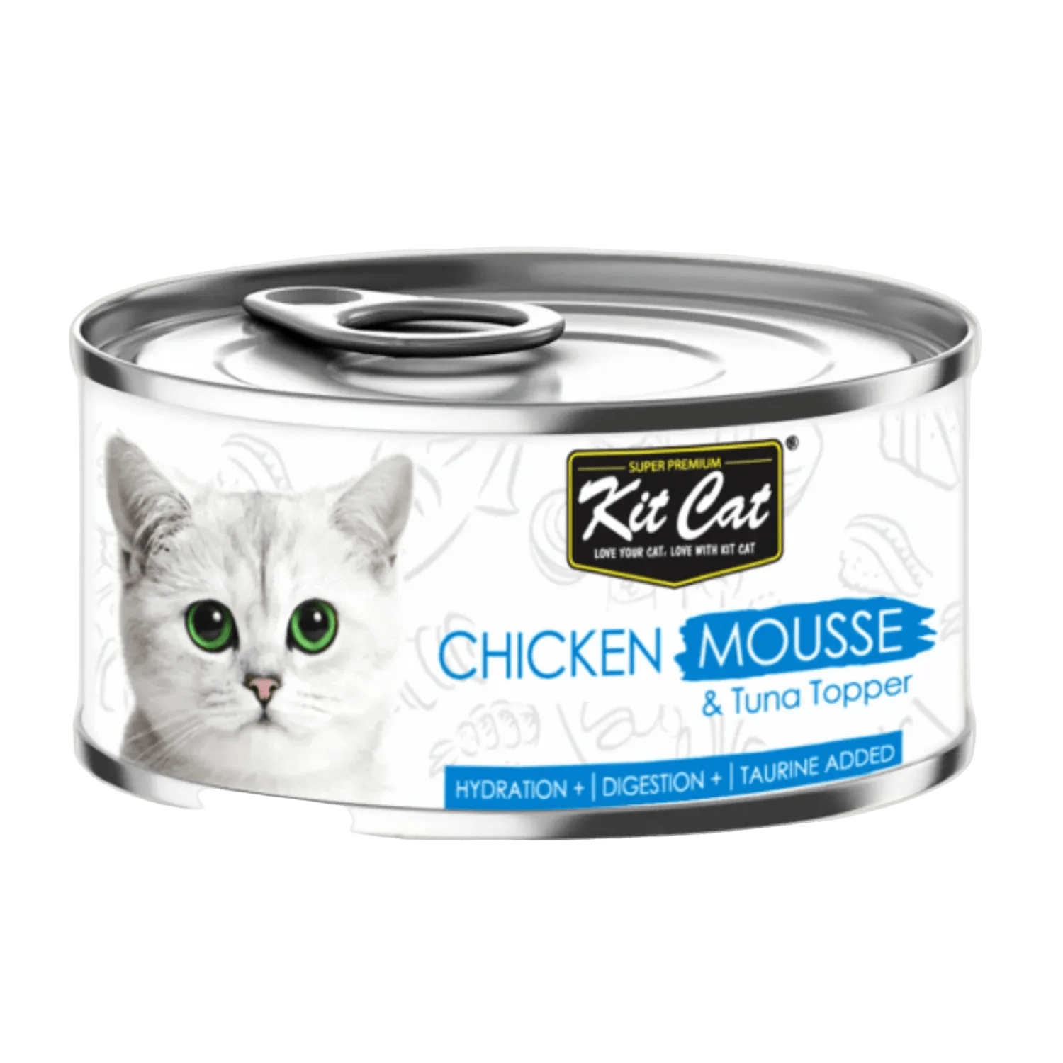 Kit Cat Chicken Mousse with Tuna Topper grain-free wet cat food in an 80g can.