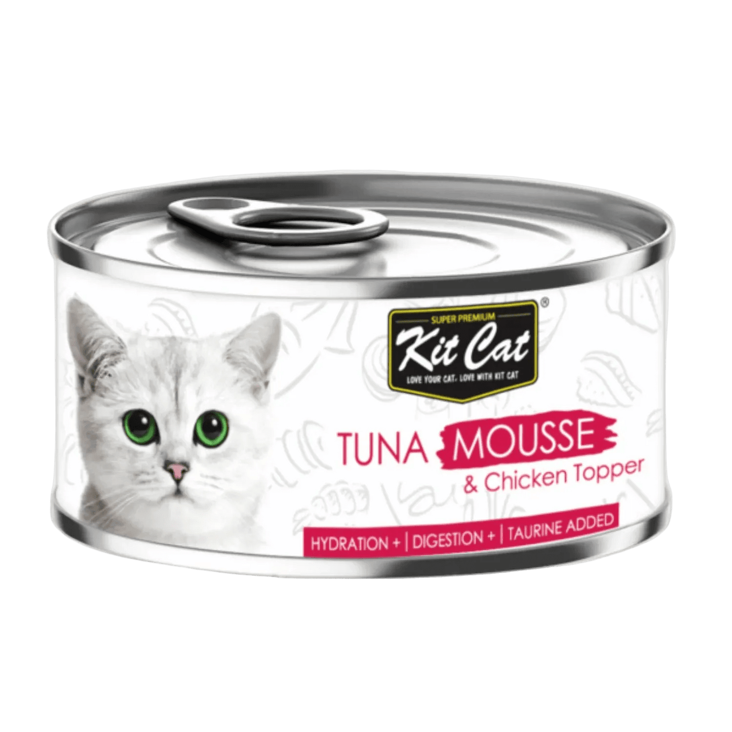 Kit Cat Tuna Mousse with Chicken Topper grain-free wet cat food in an 80g can.