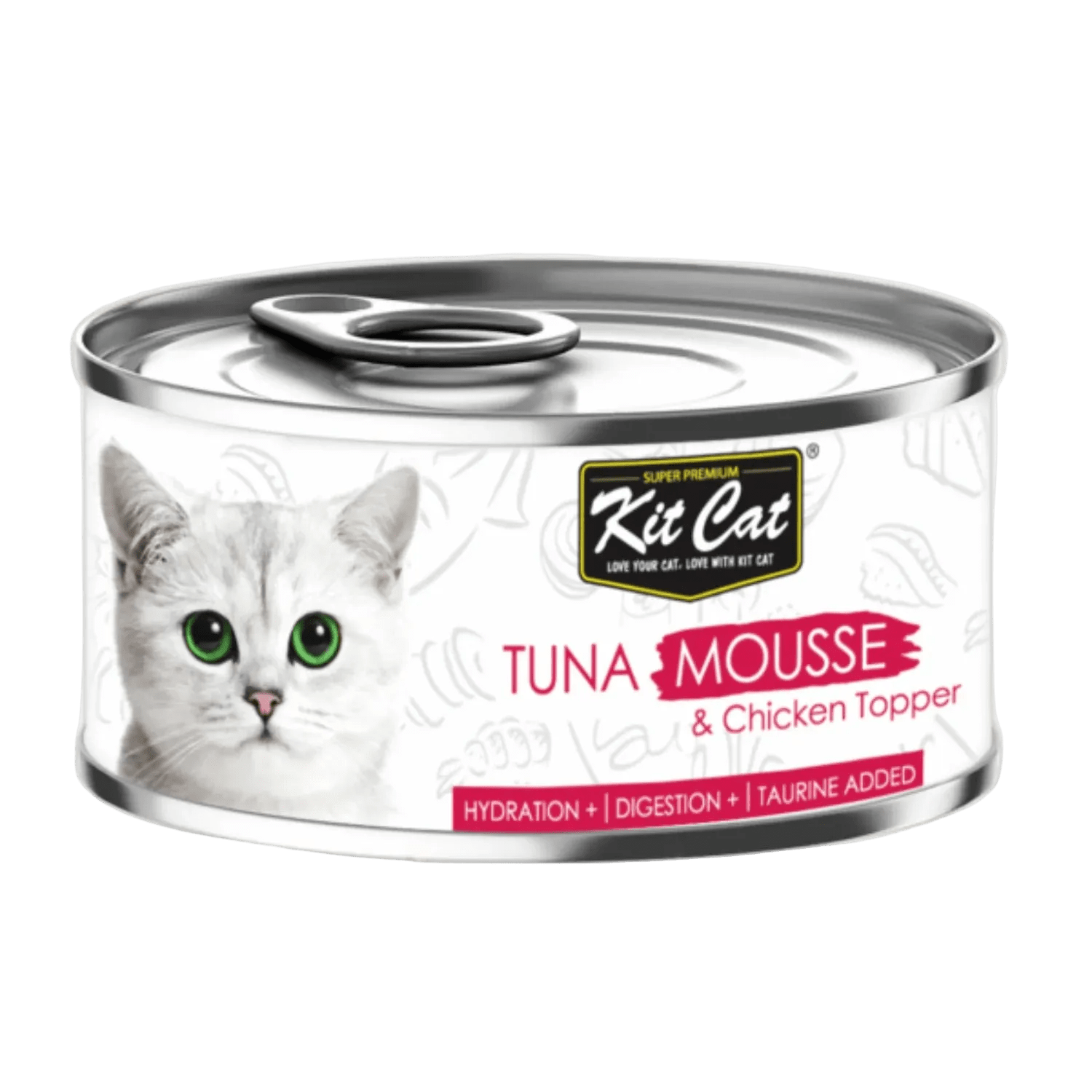 Kit Cat Tuna Mousse with Chicken Topper grain-free wet cat food in an 80g can.