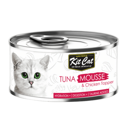 Kit Cat Tuna Mousse with Chicken Topper grain-free wet cat food in an 80g can.