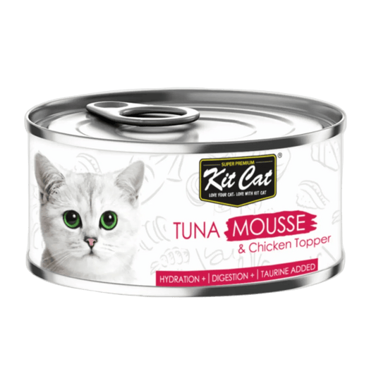 Kit Cat Tuna Mousse with Chicken Topper grain-free wet cat food in an 80g can.