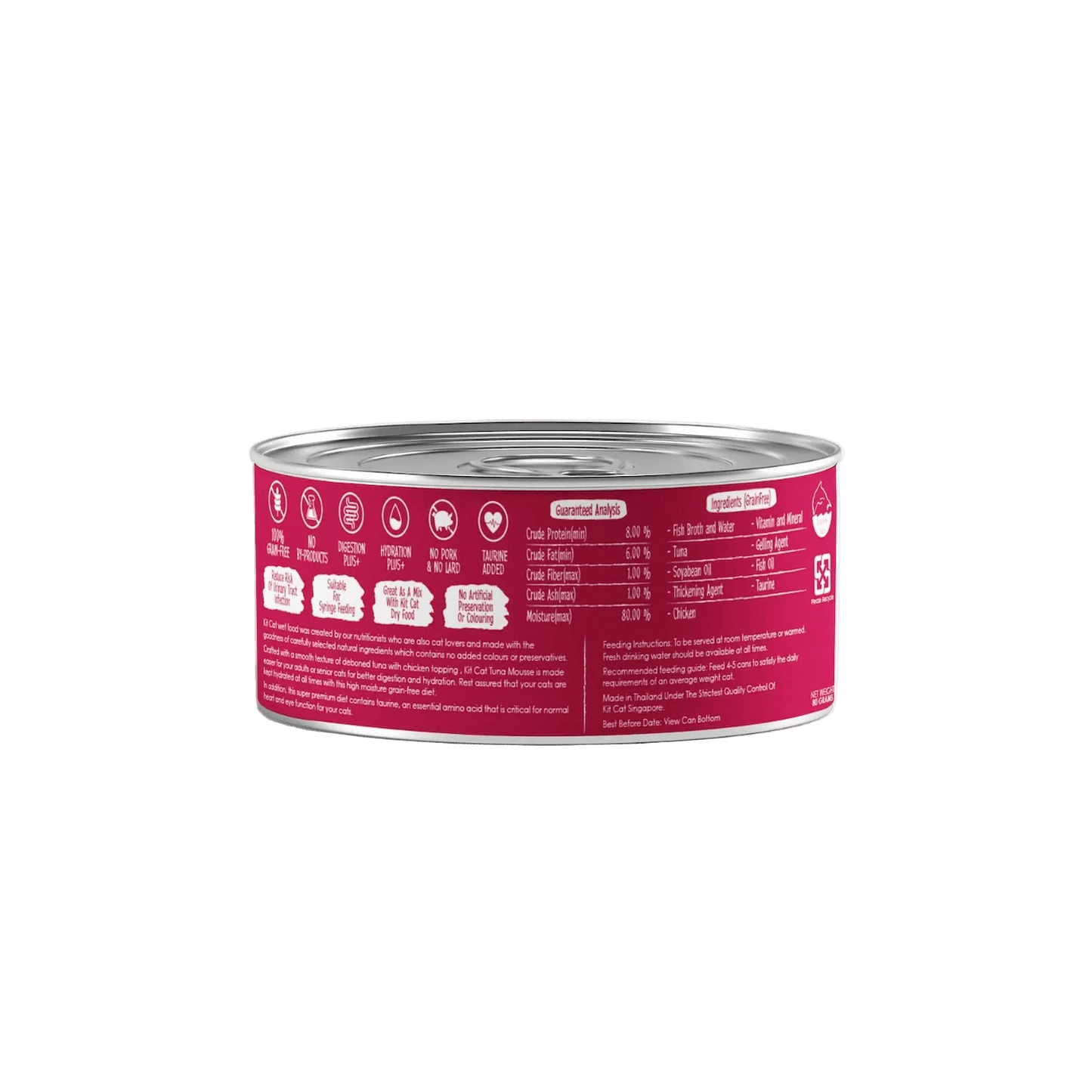 Back label showing ingredients, feeding guide and guaranteed analysis for Kit Cat Tuna Mousse with Chicken Topper.