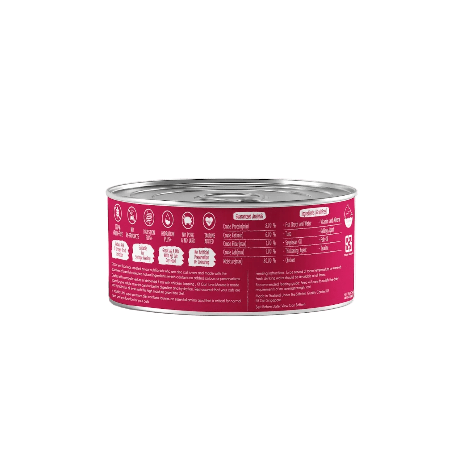 Back label showing ingredients, feeding guide and guaranteed analysis for Kit Cat Tuna Mousse with Chicken Topper.