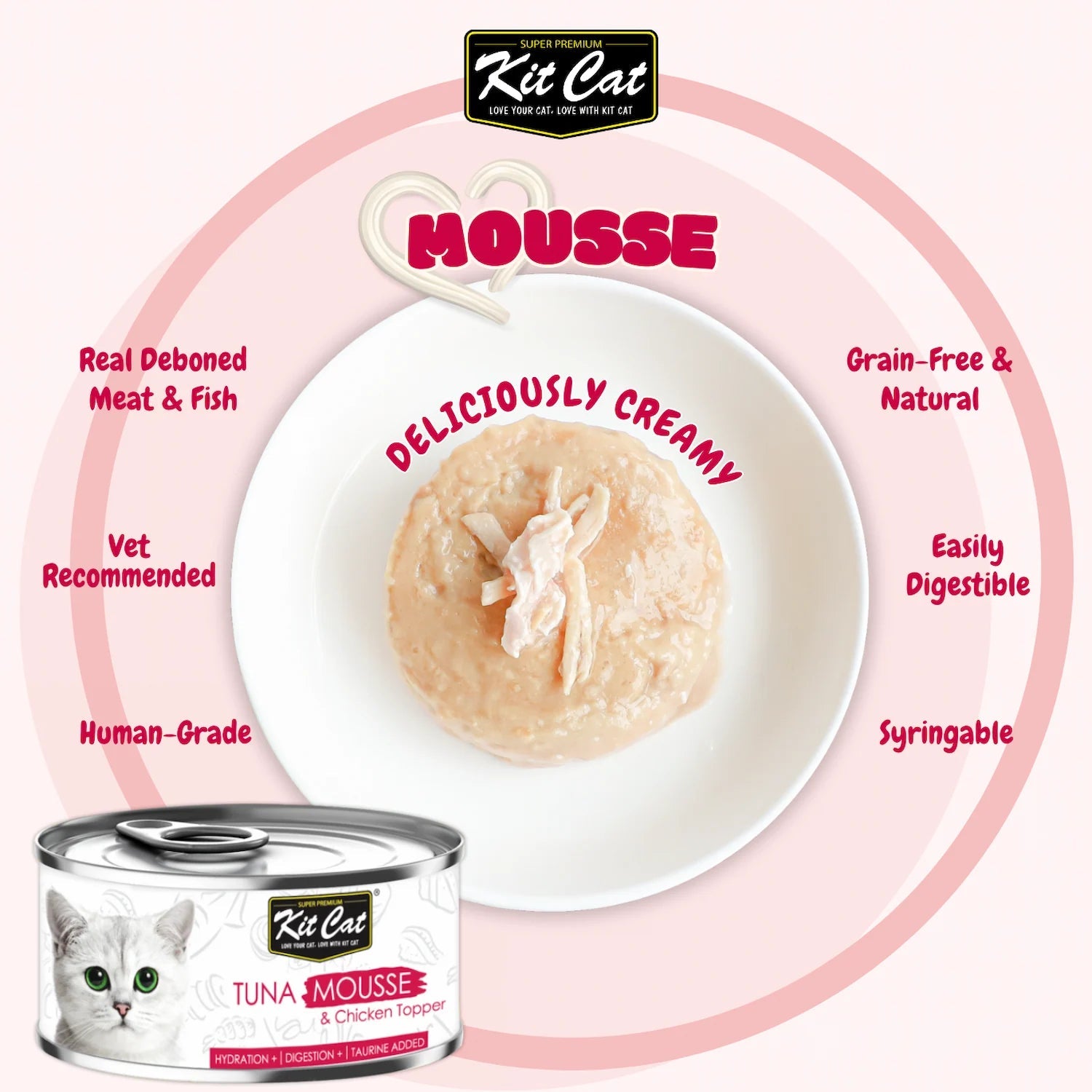 Kit Cat Chicken Mousse with Tuna Topper highlighting grain-free recipe, hydration support and taurine.