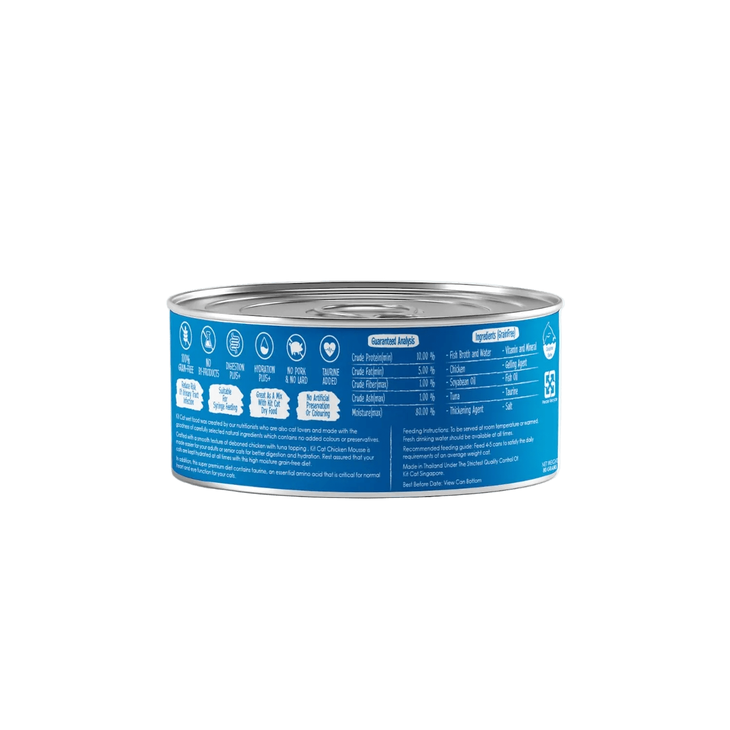 Back label showing ingredients, feeding guide and guaranteed analysis for Kit Cat Chicken Mousse with Tuna Topper.