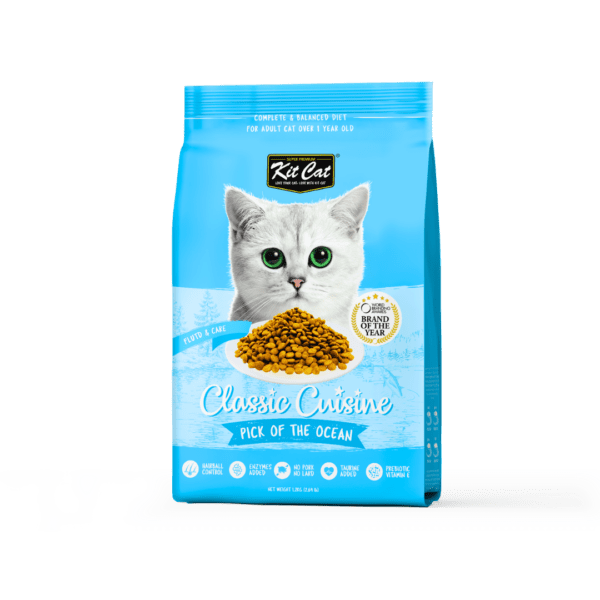 Kit Cat Classic Cuisine dry cat food bag, Pick of the Ocean, with cat graphic and kibble