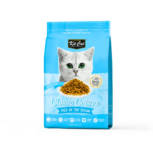 Kit Cat Classic Cuisine dry cat food bag, Pick of the Ocean, with cat graphic and kibble