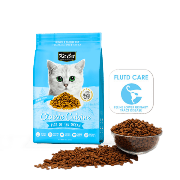 Kit Cat dry cat food bag with Flutd Care badge and kibble bowl