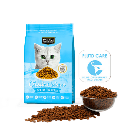 Kit Cat dry cat food bag with Flutd Care badge and kibble bowl
