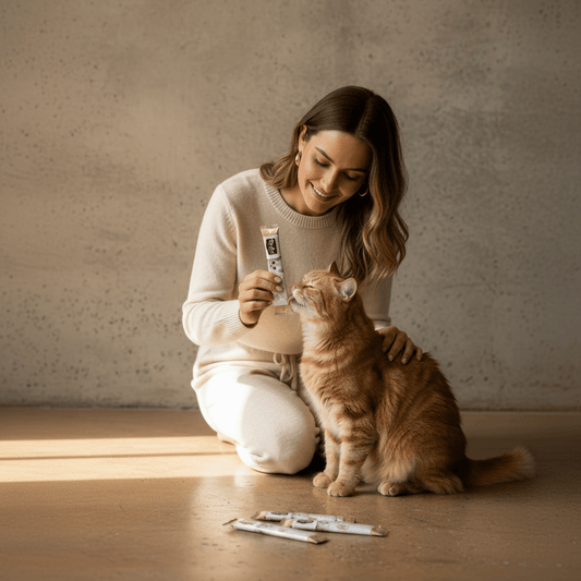 Woman holds Kit Cat Purr Puree Plus+ cat treat envelope as an orange cat sits nearby