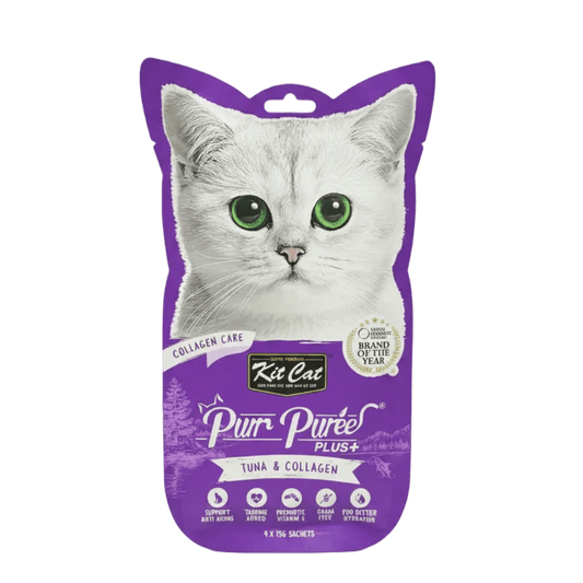 Kit Cat Purr Puree Plus+ cat treat envelope, purple front close-up with green-eyed cat