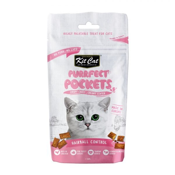 Kit Cat Purrrfect Pockets hairball control cat treat pouch with cat face and pocket design