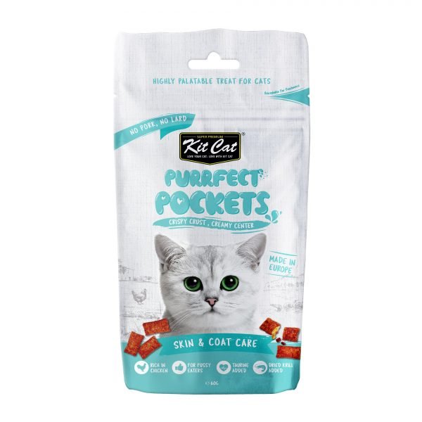 Kit Cat Purrrfect Pockets skin & coat care cat treat pouch with cat face and pocket design