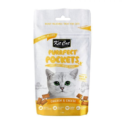 Kit Cat Purrrfect Pockets chicken & cheese cat treat pouch with cat face and pocket design