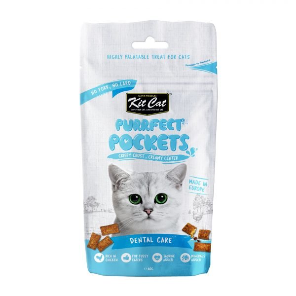 Kit Cat Purrrfect Pockets dental care cat treat pouch with cat face and pocket design