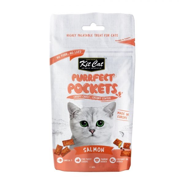 Kit Cat Purrrfect Pockets salmon cat treat pouch with cat face and pocket design
