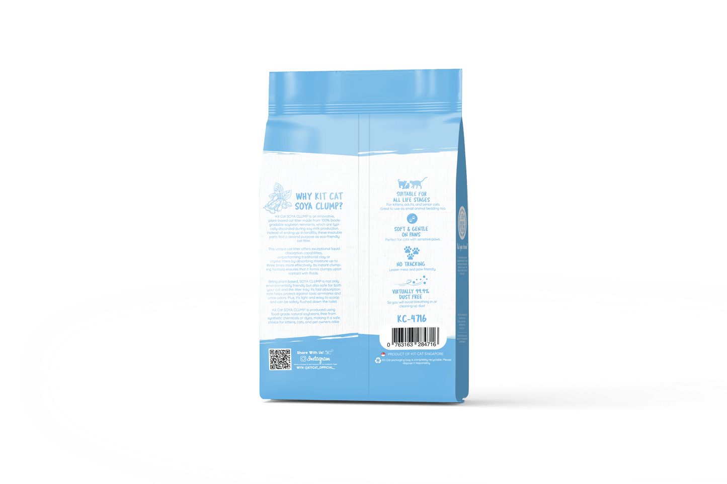 Back of Kit Cat Soya Clump Baby Powder Kitten 7L cat litter pack showing product details