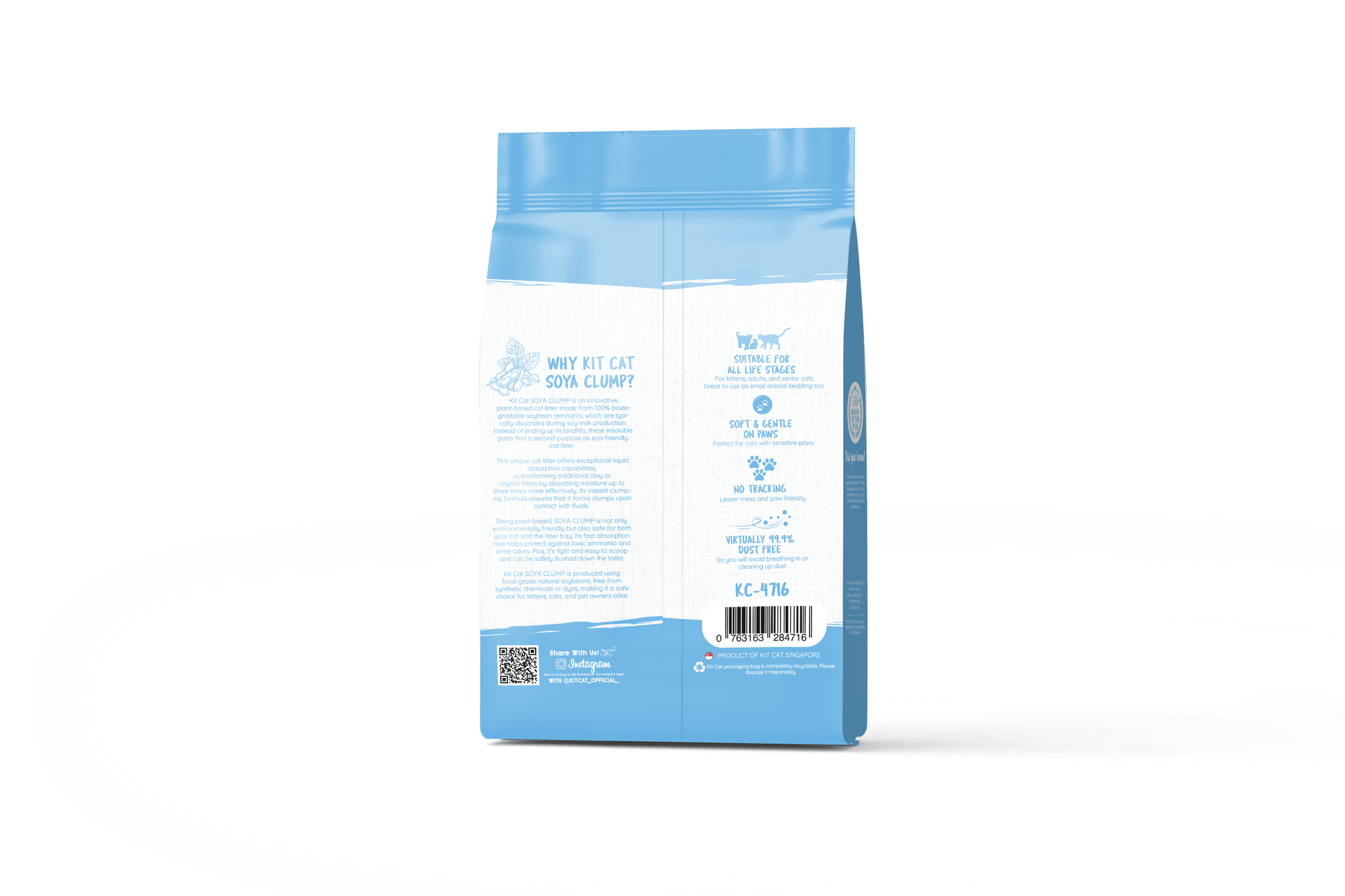 Back of Kit Cat Soya Clump Baby Powder Kitten 7L cat litter pack showing product details