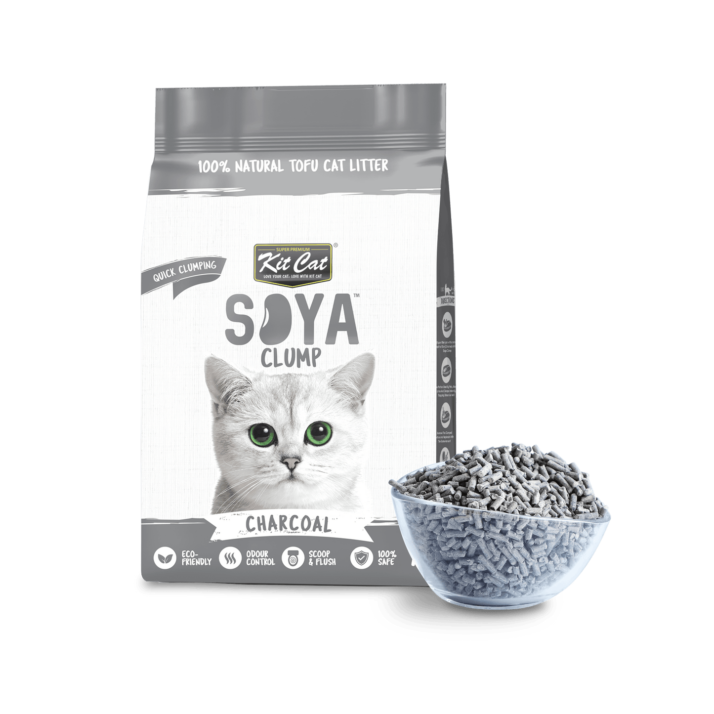 Kit Cat Soya Clump Charcoal 7L cat litter pack with soya litter pellets