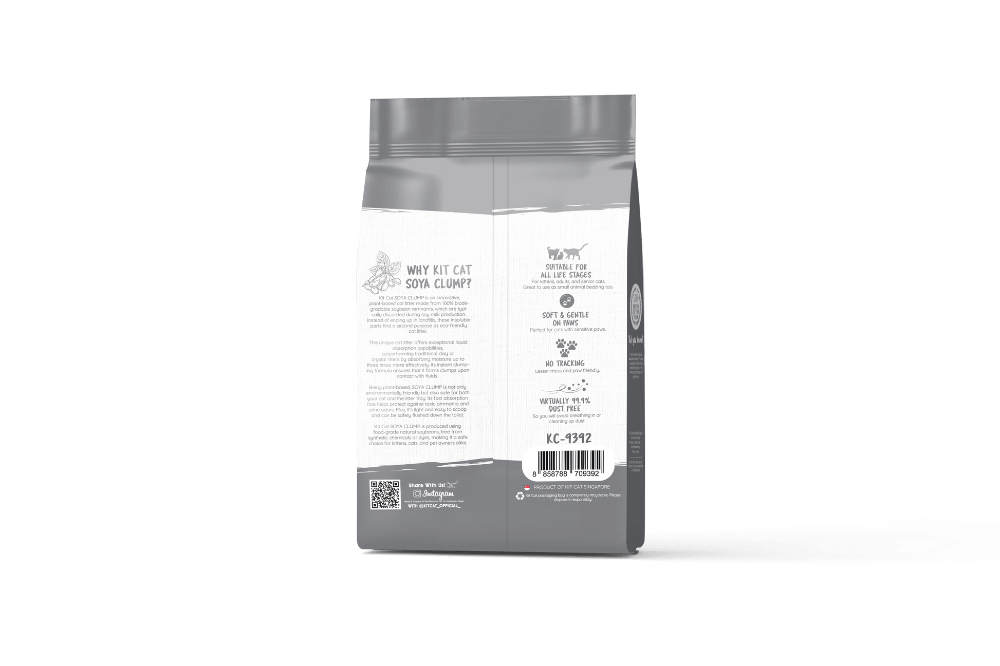 Back of Kit Cat Soya Clump Charcoal 7L cat litter pack showing product details