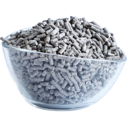 Kit Cat Soya Clump Charcoal cat litter pellets in a clear bowl