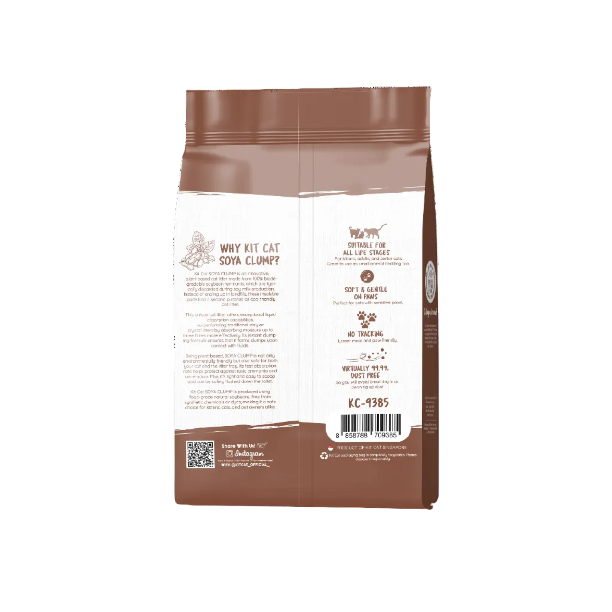 cat-litter-7l-back
Back of Kit Cat Soya Clump Coffee 7L tofu cat litter bag showing product benefits and usage information