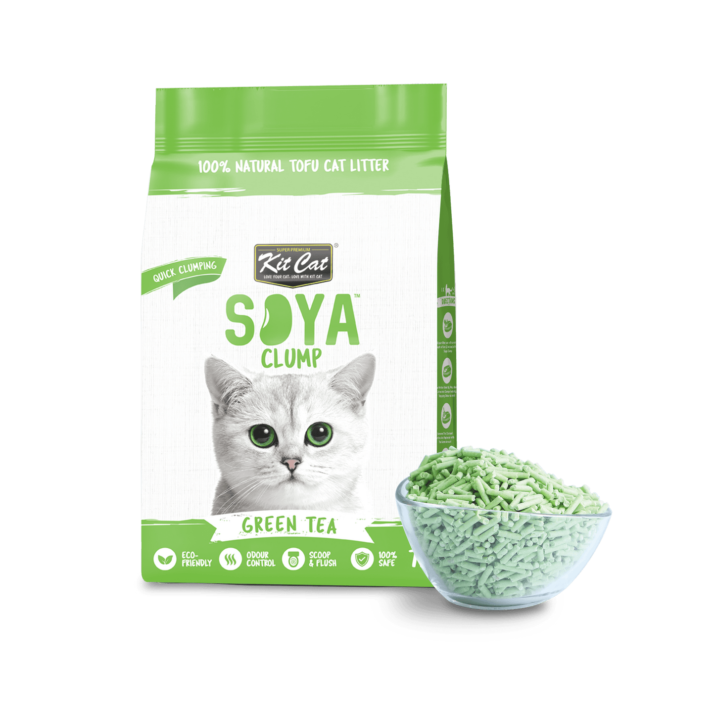 Kit Cat Soya Clump Green Tea 7L cat litter pack with green soya litter pellets