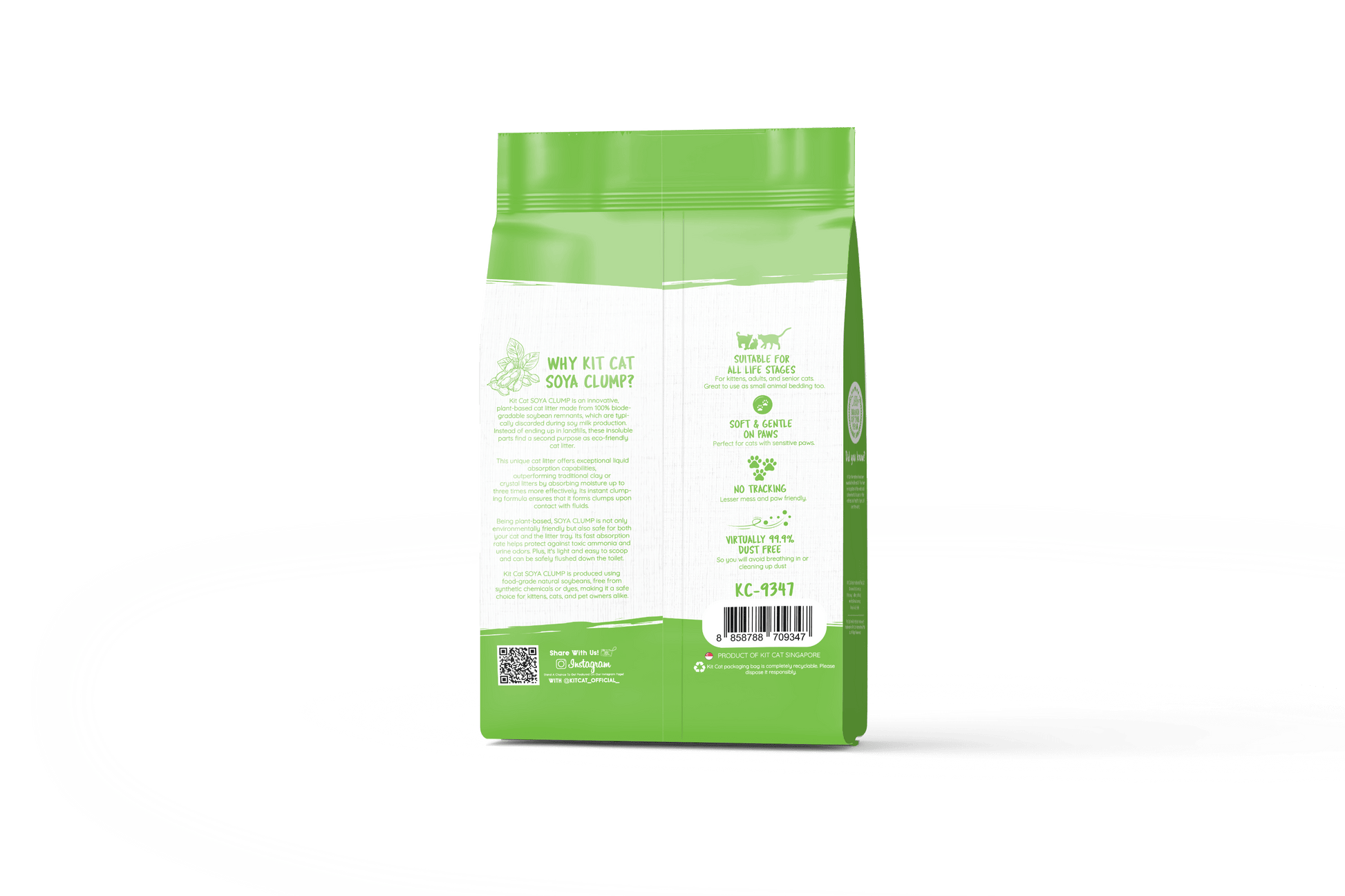Back of Kit Cat Soya Clump Green Tea 7L cat litter pack showing product details