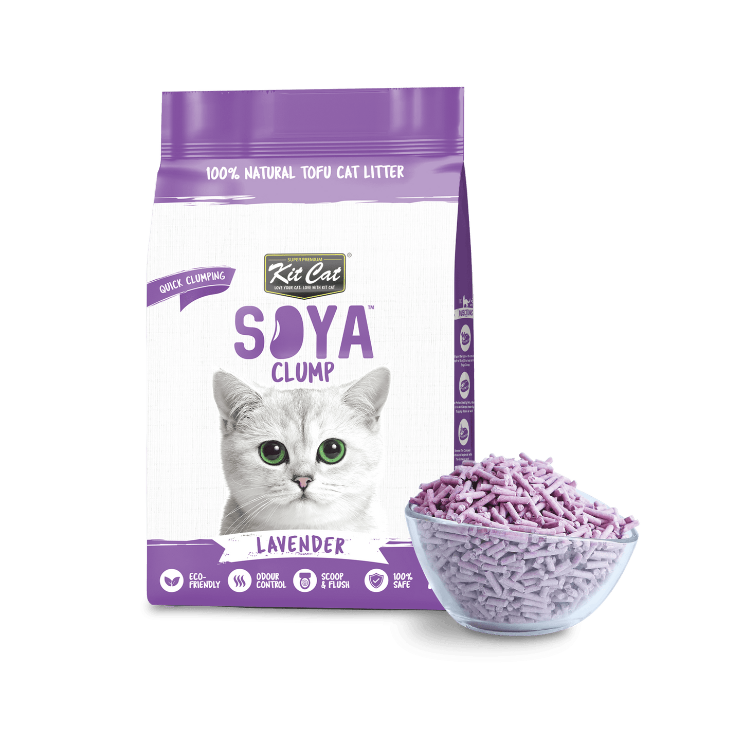 Bag of Kit Cat Soya Clump lavender cat litter with a bowl of litter on a green background