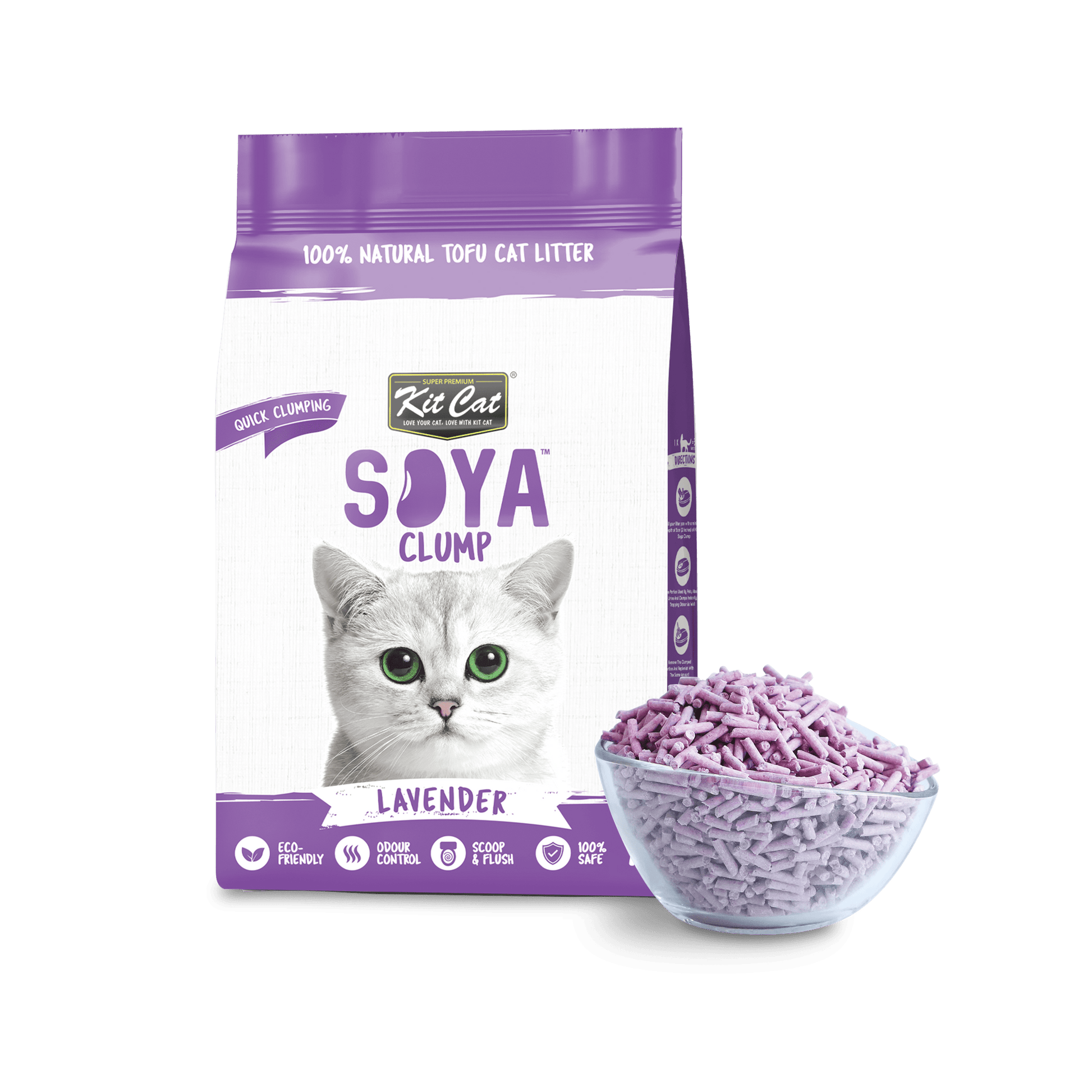 Bag of Kit Cat Soya Clump lavender cat litter with a bowl of litter on a green background