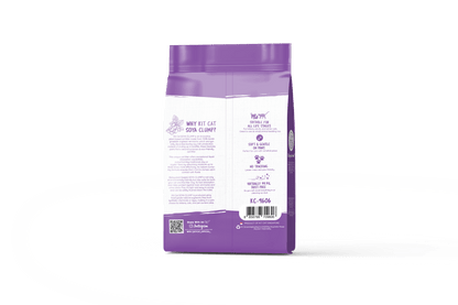 Back of Kit Cat Soya Clump Lavender 7L cat litter pack showing product details