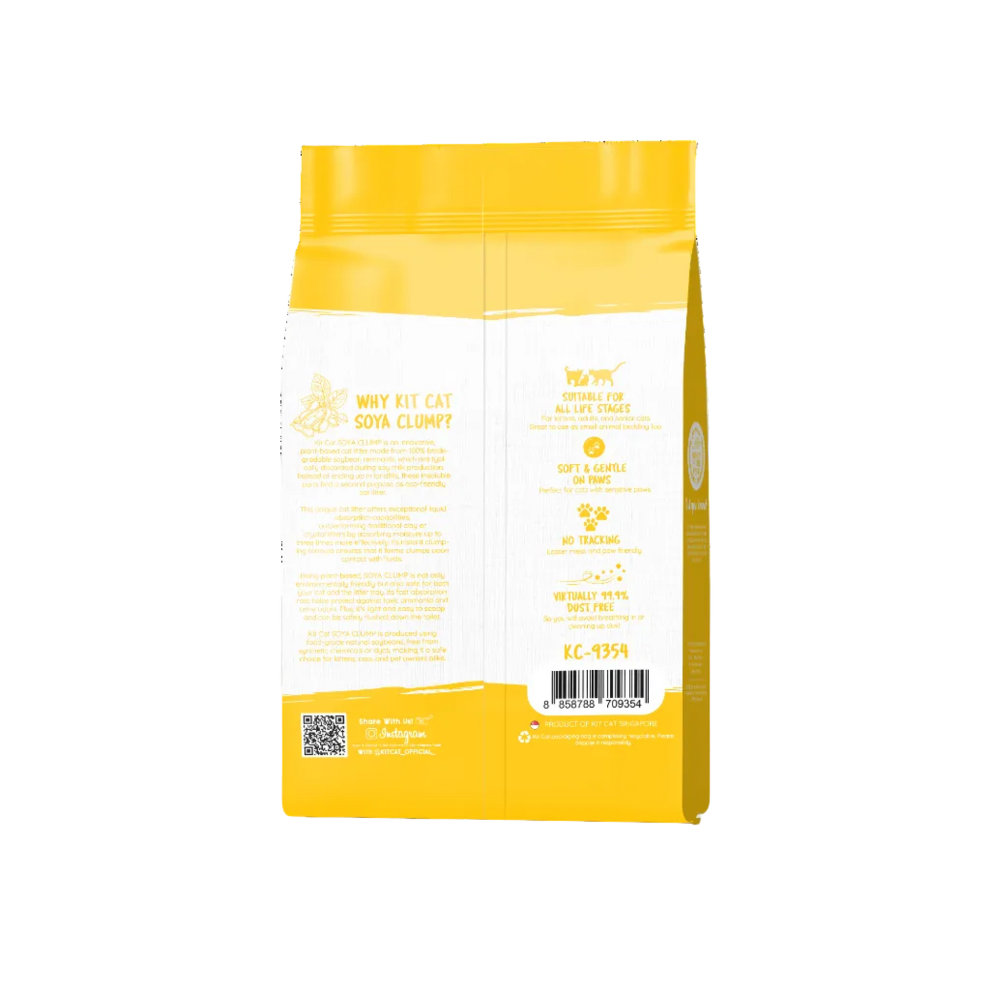 Back of Kit Cat Soya Clump Original 7L tofu cat litter bag showing product benefits and usage information