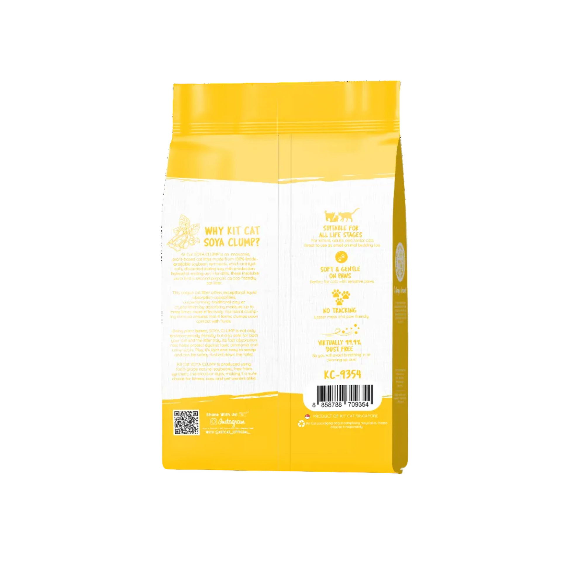 Back of Kit Cat Soya Clump Original 7L tofu cat litter bag showing product benefits and usage information