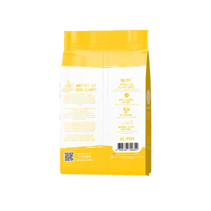 Back of Kit Cat Soya Clump Original 7L tofu cat litter bag showing product benefits and usage information