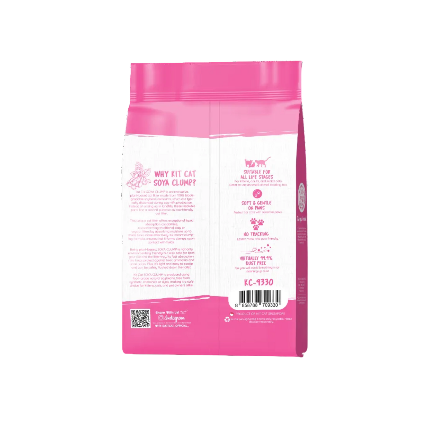 Back of Kit Cat Soya Clump Strawberry 7L tofu cat litter bag showing product benefits and usage information