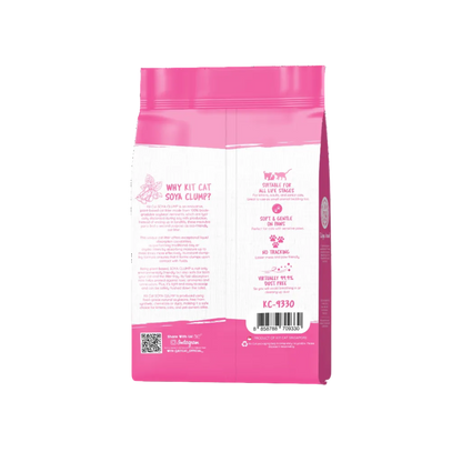 Back of Kit Cat Soya Clump Strawberry 7L tofu cat litter bag showing product benefits and usage information