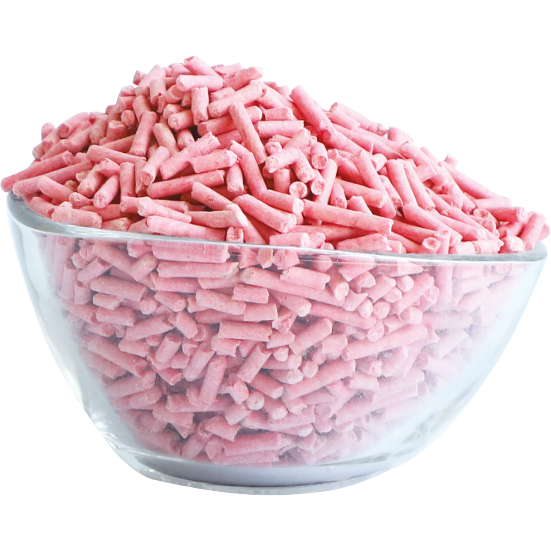 Kit Cat Soya Clump Strawberry tofu cat litter pellets in a glass bowl