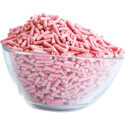 Kit Cat Soya Clump Strawberry tofu cat litter pellets in a glass bowl