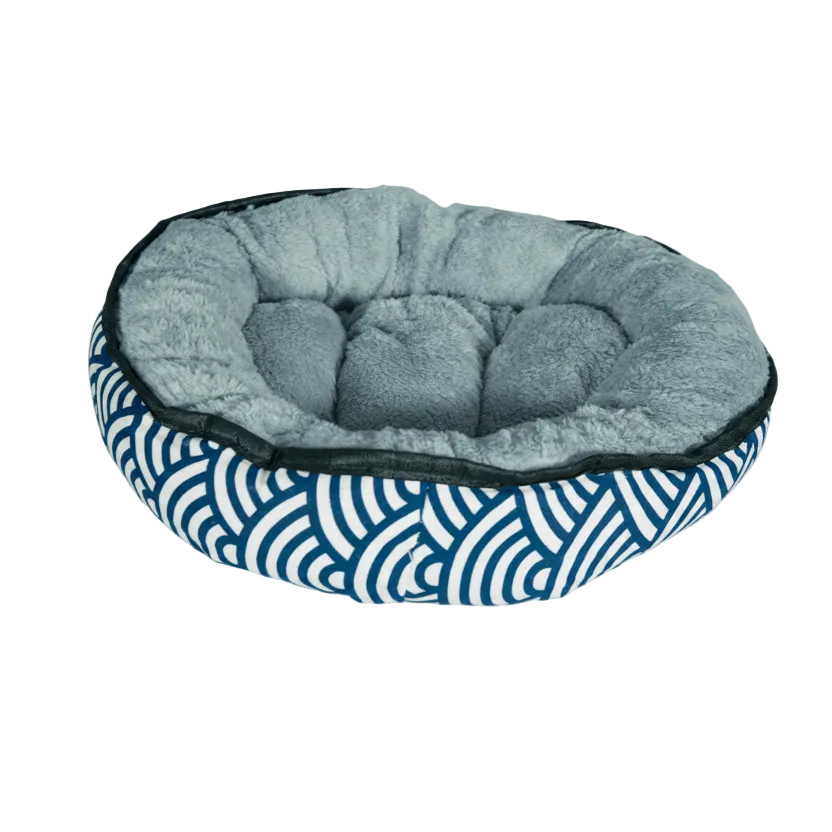 kitten bed in grey and blue pattern