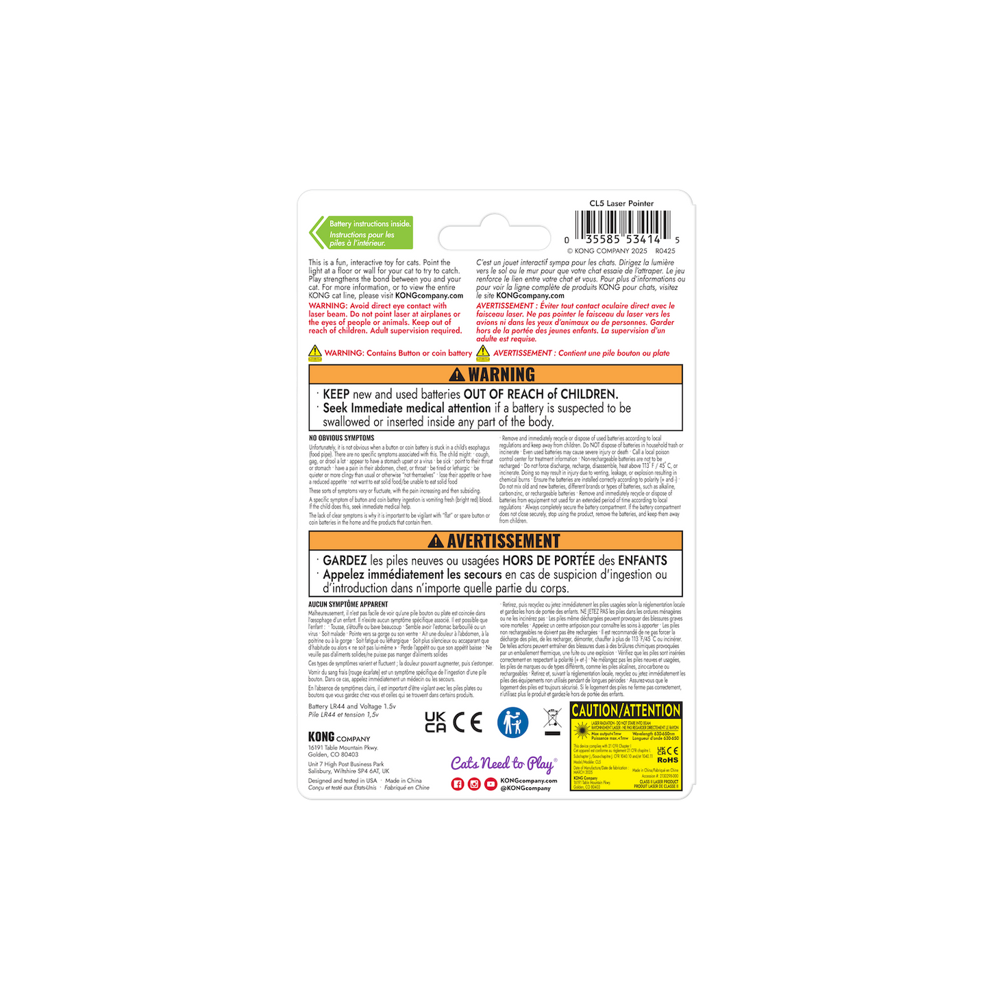 Back view of KONG Laser Cat Toy packaging showing safety warnings, battery information, laser caution notices and product instructions.