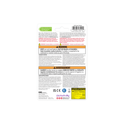 Back view of KONG Laser Cat Toy packaging showing safety warnings, battery information, laser caution notices and product instructions.