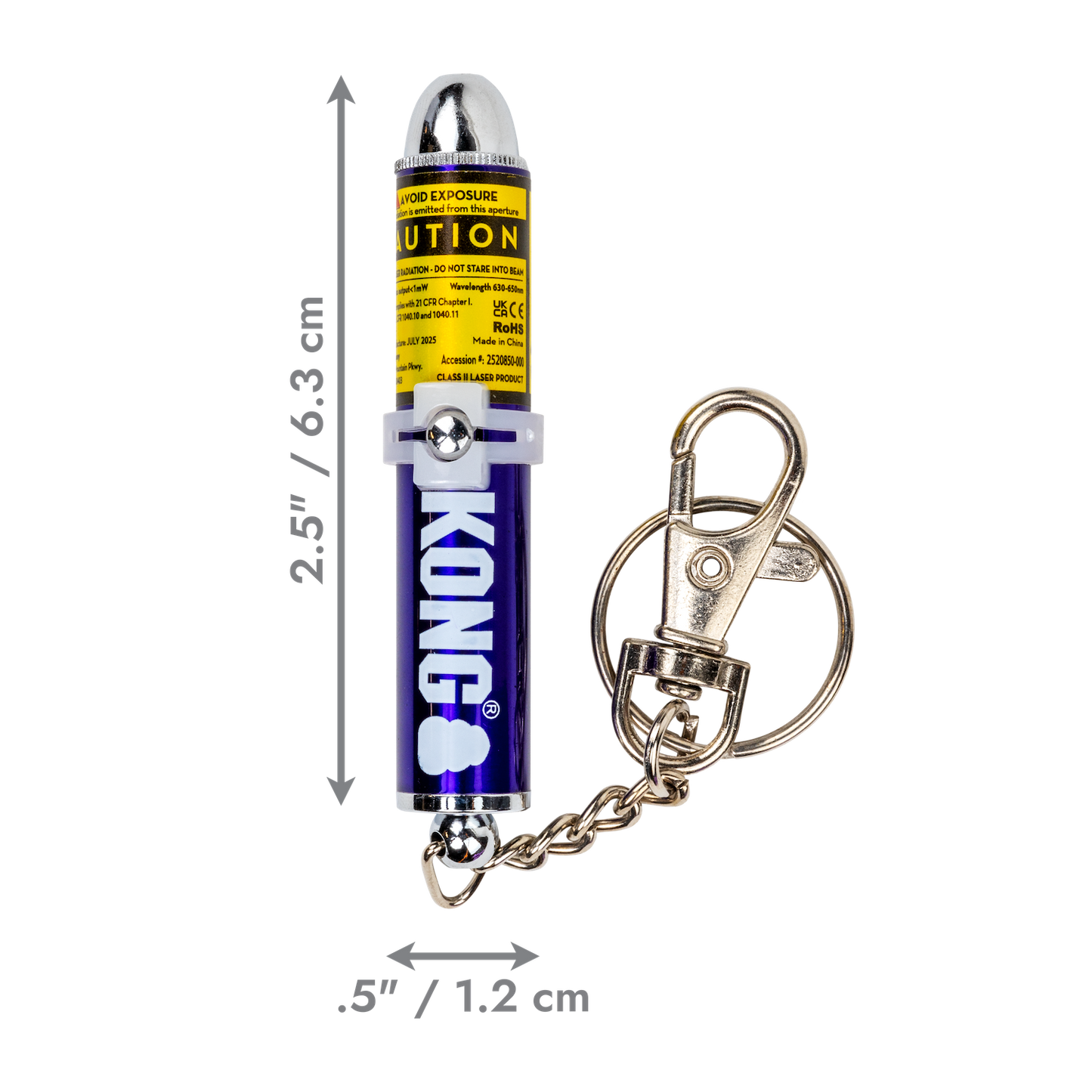 KONG Laser Cat Toy with keychain clip showing dimensions of 6.3 cm length and 1.2 cm width.