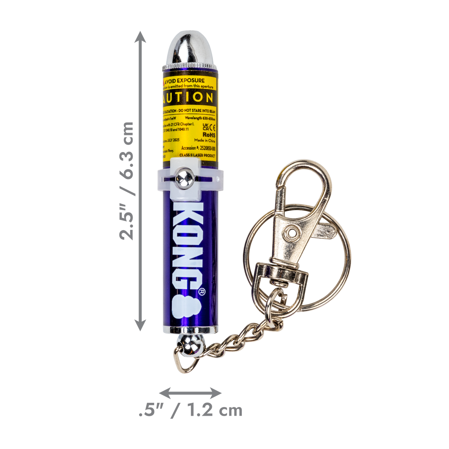 KONG Laser Cat Toy with keychain clip showing dimensions of 6.3 cm length and 1.2 cm width.