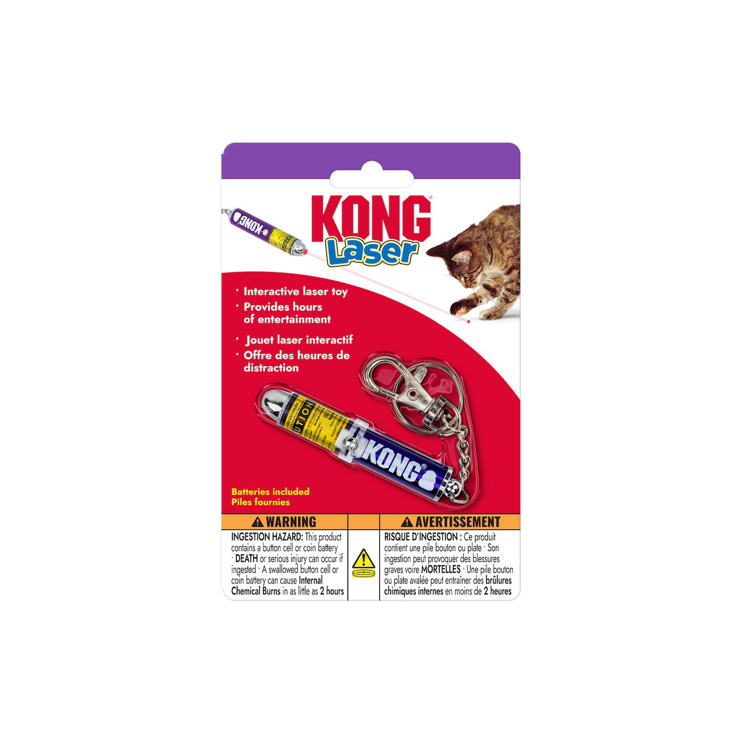 Front view of KONG Laser Cat Toy retail packaging showing the laser pointer, keychain clip and included batteries.