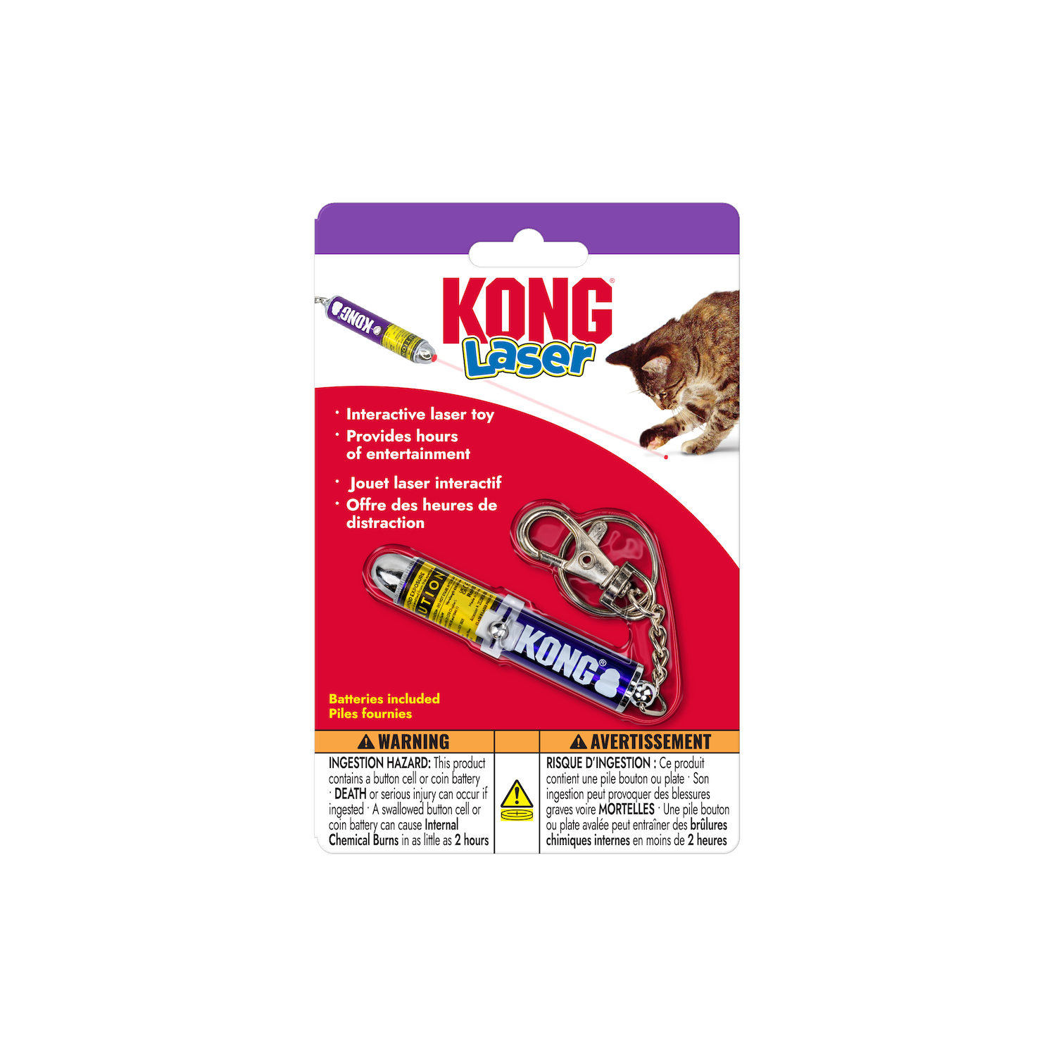 Front view of KONG Laser Cat Toy retail packaging showing the laser pointer, keychain clip and included batteries.